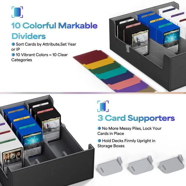 Alt view image 4 of 7 - Trading Card Storage Box for 1800+ Sleeved Cards, Bulk Card Storage | Magnetic Closure PU Leather Card Organizer with 10 Dividers & 3 Stoppers for MTG, PTCG, TCG, Sports Cards (Black)