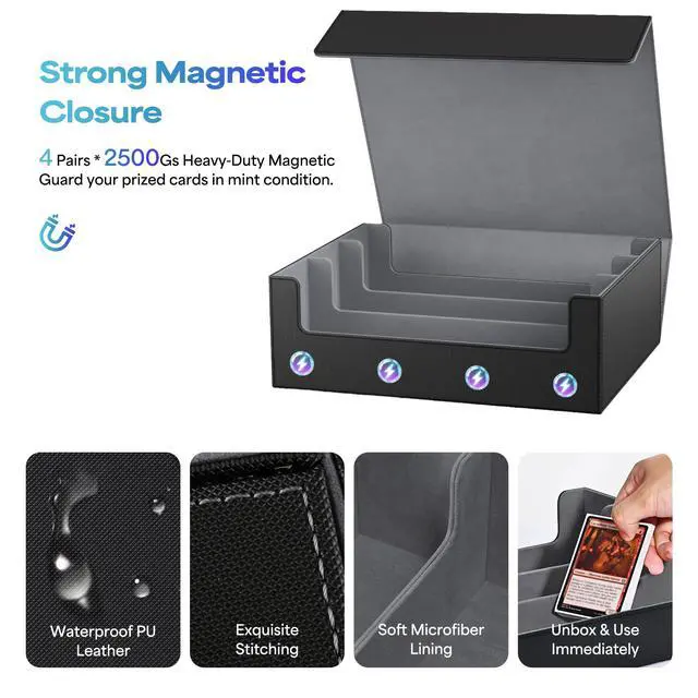 Alt view image 5 of 7 - Trading Card Storage Box for 1800+ Sleeved Cards, Bulk Card Storage | Magnetic Closure PU Leather Card Organizer with 10 Dividers & 3 Stoppers for MTG, PTCG, TCG, Sports Cards (Black)