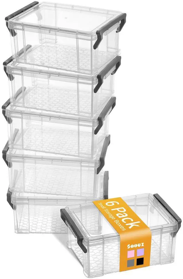 Main image of 6 Pack Small Plastic Containers with Lids, 6.4" x 4.4" x 2.7" | Clear Crayon Box Pencil Case, Stackable Stroage Organizer for Beads Craft Art Supplies, Storage Bins for Jewelry Stickers