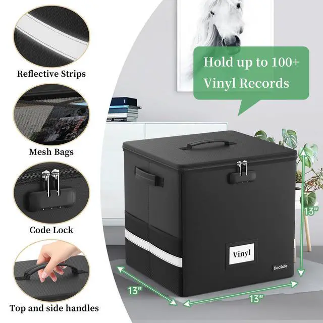 Alt view image 3 of 7 - Vinyl Record Storage Box with Lock,FireproofWater Resistant Record Organizer Storage for 100+ Single Records(12-inch),Collapsible Storage Crate with Lid&Handles for Valuable Album Collection