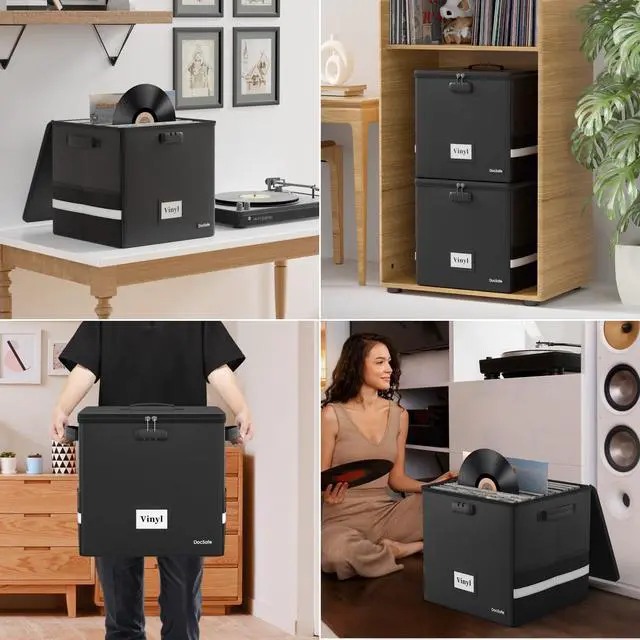 Alt view image 5 of 7 - Vinyl Record Storage Box with Lock,FireproofWater Resistant Record Organizer Storage for 100+ Single Records(12-inch),Collapsible Storage Crate with Lid&Handles for Valuable Album Collection