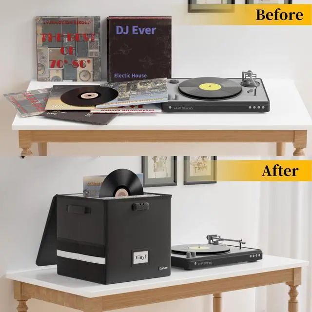 Alt view image 6 of 7 - Vinyl Record Storage Box with Lock,FireproofWater Resistant Record Organizer Storage for 100+ Single Records(12-inch),Collapsible Storage Crate with Lid&Handles for Valuable Album Collection