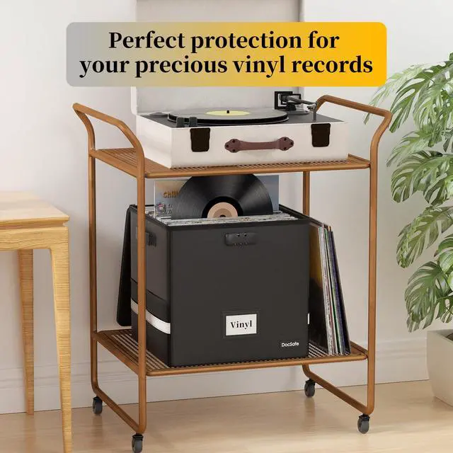 Alt view image 7 of 7 - Vinyl Record Storage Box with Lock,FireproofWater Resistant Record Organizer Storage for 100+ Single Records(12-inch),Collapsible Storage Crate with Lid&Handles for Valuable Album Collection