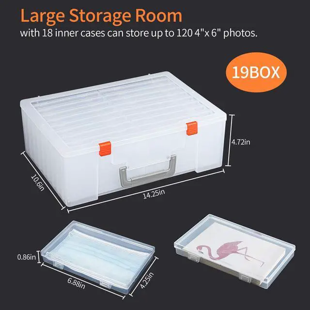 Alt view image 4 of 7 - Photo Storage Box 4x6, 18 Inner Extra Large Organizer Acid-Free Photo Keeper Storage Case, Plastic Craft Storage Box for Stickers Stamps Seeds (Clear, 18 Boxes)