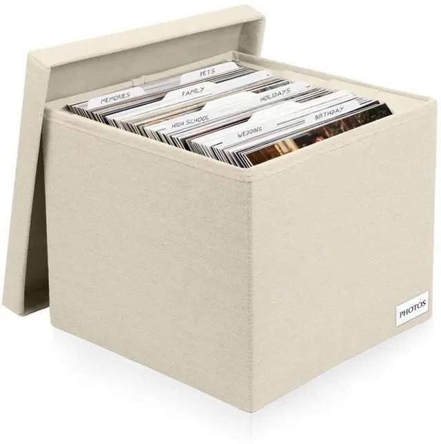 Main image of Photo Storage Box 8x10, Decorative Photo Storage Containers With Lid | Acid Free Photo Storage Boxes, Linen Photo Organizers and Storage, Beige Scrapbook Picture Box, Fits 800 Photos