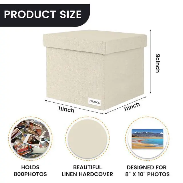 Alt view image 3 of 7 - Photo Storage Box 8x10, Decorative Photo Storage Containers With Lid | Acid Free Photo Storage Boxes, Linen Photo Organizers and Storage, Beige Scrapbook Picture Box, Fits 800 Photos