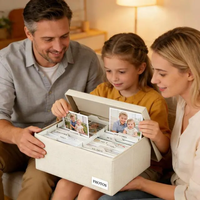 Alt view image 2 of 7 - Photo Storage Box 8x10, Decorative Photo Storage Containers With Lid | Acid Free Photo Storage Boxes, Linen Photo Organizers and Storage, Beige Scrapbook Picture Box, Fits 800 Photos