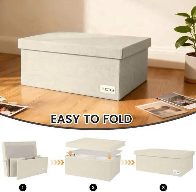 Alt view image 6 of 7 - Photo Storage Box 8x10, Decorative Photo Storage Containers With Lid | Acid Free Photo Storage Boxes, Linen Photo Organizers and Storage, Beige Scrapbook Picture Box, Fits 800 Photos