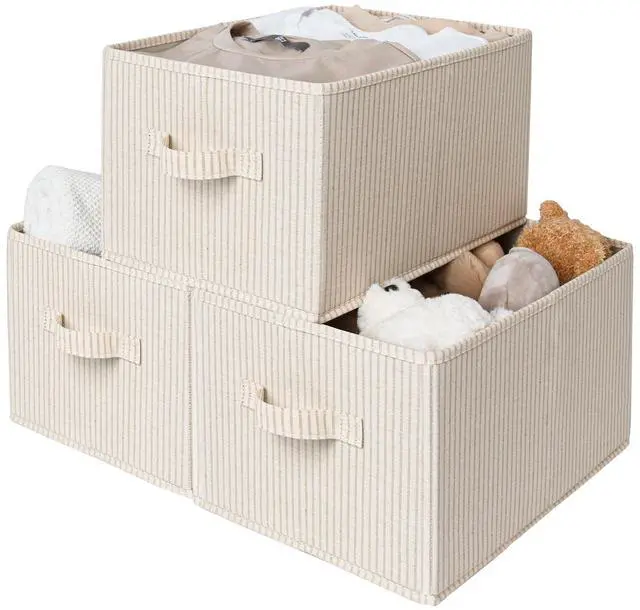 Main image of Shelf Organizer Bins, Beige Stripes, 3-Pack, Large | Foldable Shelf Organizer Bins, Closet Storage Baskets for Clothes, Fabric Storage Bins for Shelves