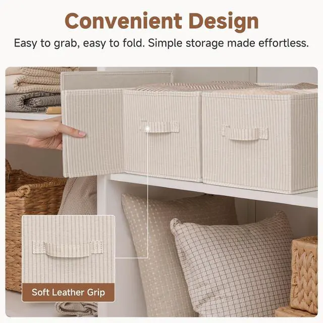 Alt view image 4 of 7 - Shelf Organizer Bins, Beige Stripes, 3-Pack, Large | Foldable Shelf Organizer Bins, Closet Storage Baskets for Clothes, Fabric Storage Bins for Shelves