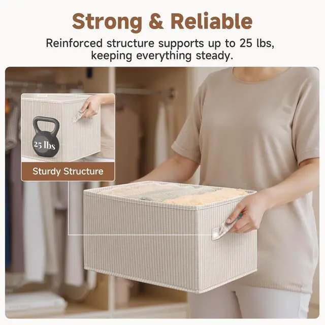 Alt view image 5 of 7 - Shelf Organizer Bins, Beige Stripes, 3-Pack, Large | Foldable Shelf Organizer Bins, Closet Storage Baskets for Clothes, Fabric Storage Bins for Shelves