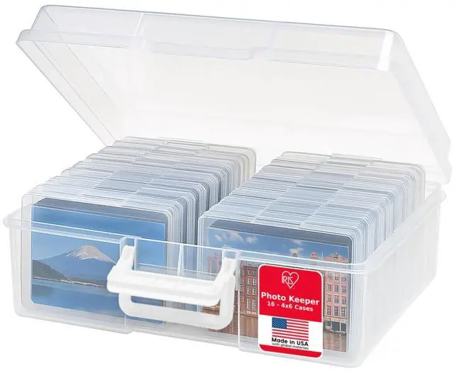 Main image of Photo Storage Box |Made in USA| 16 Cases - Clear | Fits 4" x 6" Pictures / Built-In Handle / Organizing Containers for Tasks, Stickers, Ephemera & Flashcards