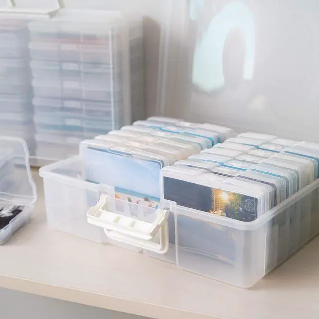 Alt view image 6 of 7 - Photo Storage Box |Made in USA| 16 Cases - Clear | Fits 4" x 6" Pictures / Built-In Handle / Organizing Containers for Tasks, Stickers, Ephemera & Flashcards