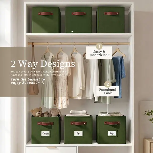 Alt view image 4 of 7 - Storage Bins, Cube Storage Bin with Labels | 10.5" x 11" Fabric Storage Cubes for Shelves (6pcs, Olive Green)