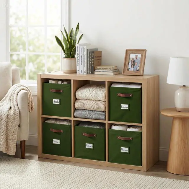 Alt view image 2 of 7 - Storage Bins, Cube Storage Bin with Labels | 10.5" x 11" Fabric Storage Cubes for Shelves (6pcs, Olive Green)