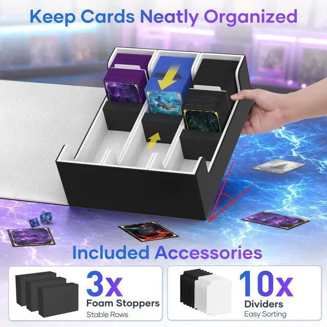 Alt view image 4 of 7 - Trading Card Storage Box, Bulk Card Storage for 1800+ Sleeved Cards, PU Leather Magnetic Closure Card Organizer with 10 Dividers & 3 Foam Stoppers, Fit for MTG, TCG and Sports Cards