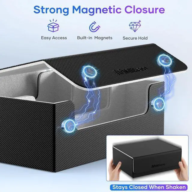 Alt view image 5 of 7 - Trading Card Storage Box, Bulk Card Storage for 1800+ Sleeved Cards, PU Leather Magnetic Closure Card Organizer with 10 Dividers & 3 Foam Stoppers, Fit for MTG, TCG and Sports Cards