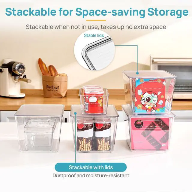 Alt view image 6 of 7 - 8 Pack Clear Storage Bins with Lid Set for Pantry Organizer | 4 Large and 4 Small Plastic Pantry Storage Bins with Handle, Storage Containers for Pantry, Kitchen, Fridge, Cabinet
