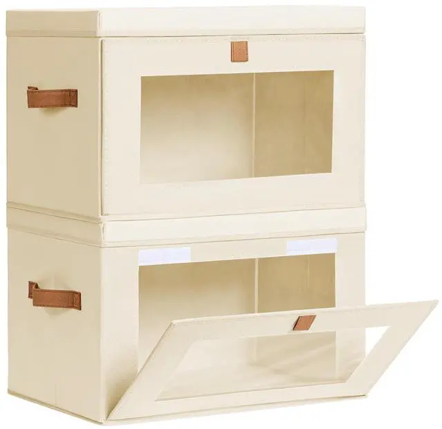Main image of Large Closet Storage Organizer - Clothes Storage Bins with Handles & Window, Collapsible Decorative Boxes with Lids, Fabric Containers for Living Room, Dorm, 2 Pack, Beige