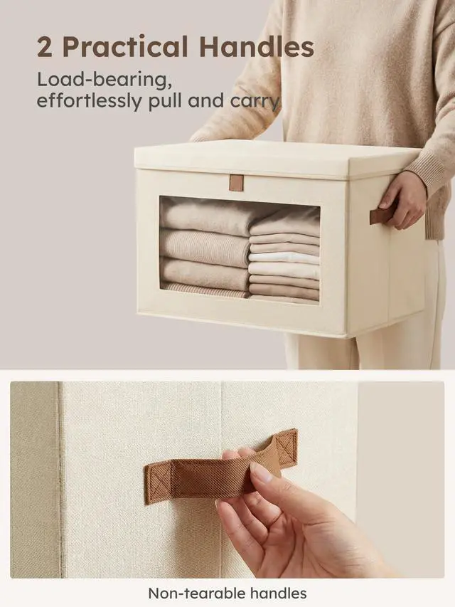 Alt view image 3 of 7 - Large Closet Storage Organizer - Clothes Storage Bins with Handles & Window, Collapsible Decorative Boxes with Lids, Fabric Containers for Living Room, Dorm, 2 Pack, Beige