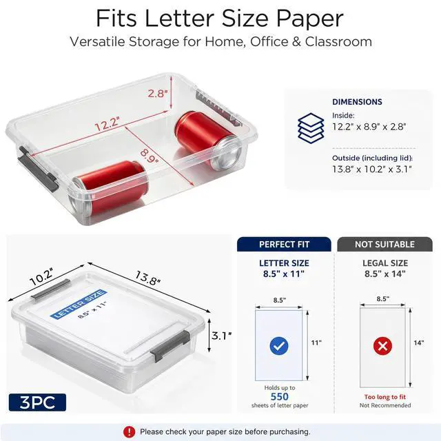 Alt view image 2 of 7 - 3 PCS Plastic Storage Bins with Latching Lids Portable Project Case Clear File Box Stackable Storage Containers for Organizing A4 Paper, Photo, Document, Scrapbook