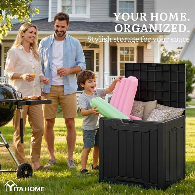 Alt view image 2 of 7 - Outdoor Resin Storage Box 31 Gal | Water-resistant Patio Deck Box Outdoor Storage Box for Pillows, Garden Equipment, Securely Lockable, Black