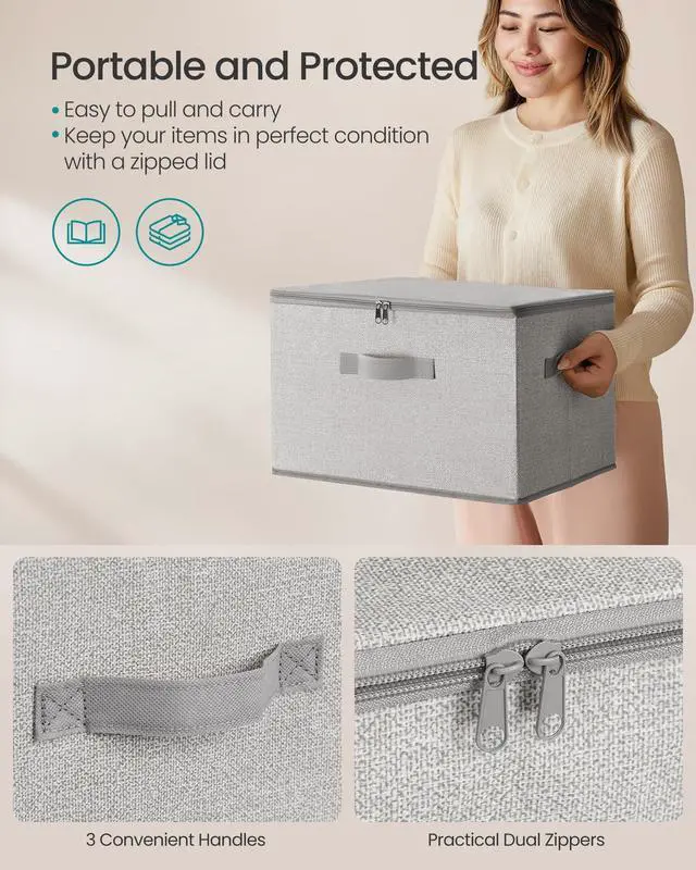 Alt view image 3 of 6 - Set of 3 Foldable Storage Organizer Boxes with Zipper Lids | Clothes Organizer with Handles, 31 Quart, Dove Gray, TINA Collection URZB003W01