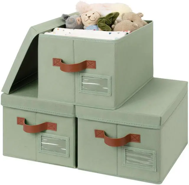 Main image of Storage Bins with Lids, Decorative Storage Boxes with Lids | Storage Box with Dust Cover, Handles & Lable, Collapsible, Ideal for Closet Clothes Blanket Toys, Medium, Green&Brown, 3-Pack