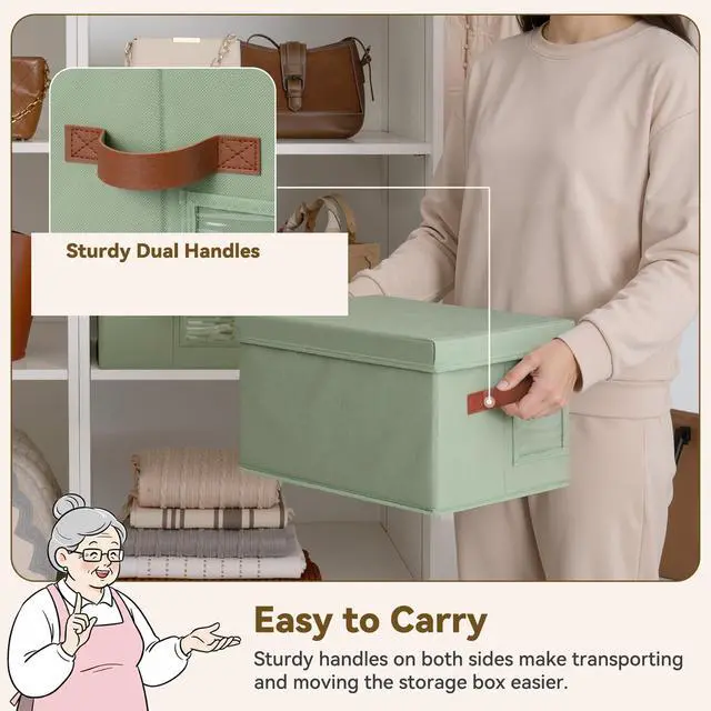 Alt view image 3 of 7 - Storage Bins with Lids, Decorative Storage Boxes with Lids | Storage Box with Dust Cover, Handles & Lable, Collapsible, Ideal for Closet Clothes Blanket Toys, Medium, Green&Brown, 3-Pack