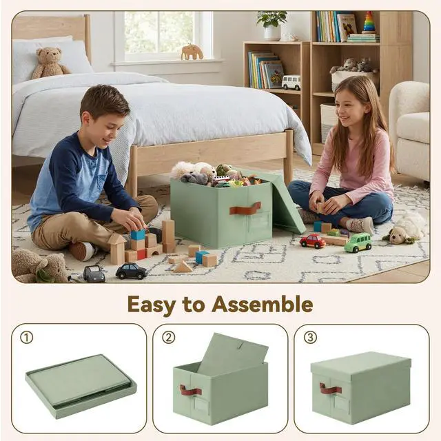 Alt view image 6 of 7 - Storage Bins with Lids, Decorative Storage Boxes with Lids | Storage Box with Dust Cover, Handles & Lable, Collapsible, Ideal for Closet Clothes Blanket Toys, Medium, Green&Brown, 3-Pack