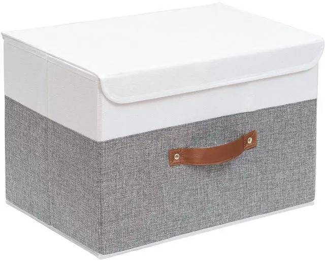 Main image of Fabric Storage Boxes with Lids,White/Grey,15.0x9.8x9.8in,1-Pack | Container with Leather Handle,Washable Storage Basket, Clothes Blanket Bin,Collapsible Closet Organizer for Bedroom