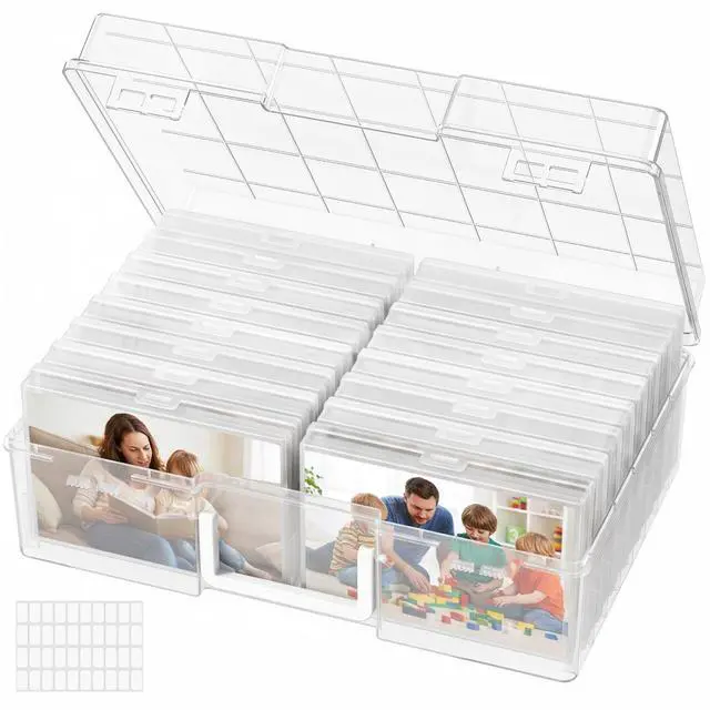 Main image of 16 Pcs Photo Storage Box for 4"x 6" Pictures, Acid-Free, Clear | 1 Pcs Transport Outter Case with Handle& Labels, Container for Cards, Sticker, Seed, Scrapbooking, Craft, Classroom Supplies