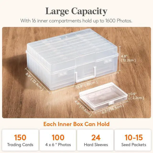 Alt view image 3 of 7 - 16 Pcs Photo Storage Box for 4"x 6" Pictures, Acid-Free, Clear | 1 Pcs Transport Outter Case with Handle& Labels, Container for Cards, Sticker, Seed, Scrapbooking, Craft, Classroom Supplies