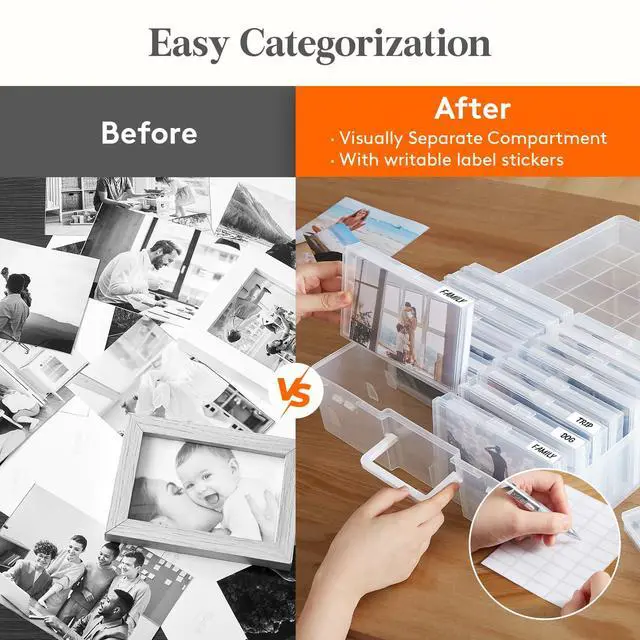 Alt view image 4 of 7 - 16 Pcs Photo Storage Box for 4"x 6" Pictures, Acid-Free, Clear | 1 Pcs Transport Outter Case with Handle& Labels, Container for Cards, Sticker, Seed, Scrapbooking, Craft, Classroom Supplies