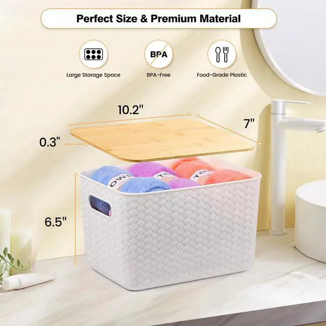 Alt view image 2 of 7 - 4 Pack Storage Bins with Bamboo Lids,Stackable Box for Organization | Plastic Storage Containers with Handle, Storages Baskets for Organizing Desktop Closet Playroom Classroom Office, White