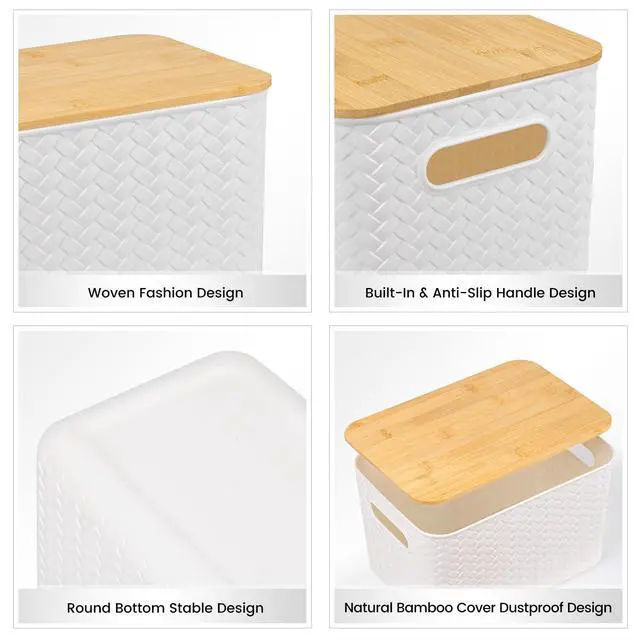 Alt view image 3 of 7 - 4 Pack Storage Bins with Bamboo Lids,Stackable Box for Organization | Plastic Storage Containers with Handle, Storages Baskets for Organizing Desktop Closet Playroom Classroom Office, White