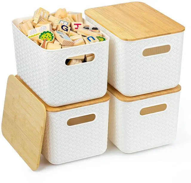 Main image of 4 Pack Storage Bins with Bamboo Lids,Stackable Box for Organization | Plastic Storage Containers with Handle, Storages Baskets for Organizing Desktop Closet Playroom Classroom Office, White