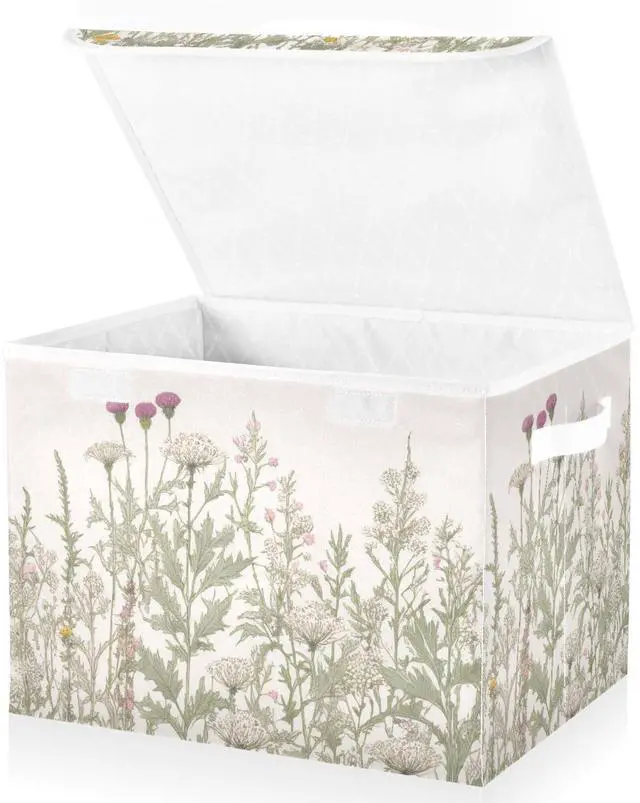 Main image of Vintage Colorful Herbs and Wild Flowers Floral Storage Bins with Lids and Carrying Handle,Foldable Storage Boxes Organizer Containers Baskets Cube with Cover for Home Bedroom Closet Office
