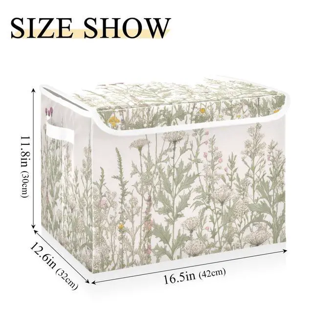 Alt view image 2 of 7 - Vintage Colorful Herbs and Wild Flowers Floral Storage Bins with Lids and Carrying Handle,Foldable Storage Boxes Organizer Containers Baskets Cube with Cover for Home Bedroom Closet Office