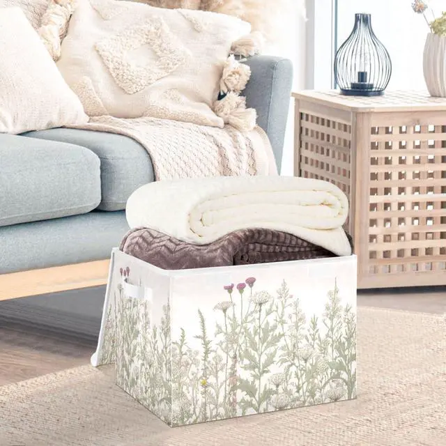 Alt view image 4 of 7 - Vintage Colorful Herbs and Wild Flowers Floral Storage Bins with Lids and Carrying Handle,Foldable Storage Boxes Organizer Containers Baskets Cube with Cover for Home Bedroom Closet Office