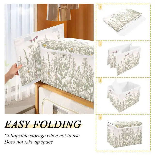 Alt view image 3 of 7 - Vintage Colorful Herbs and Wild Flowers Floral Storage Bins with Lids and Carrying Handle,Foldable Storage Boxes Organizer Containers Baskets Cube with Cover for Home Bedroom Closet Office
