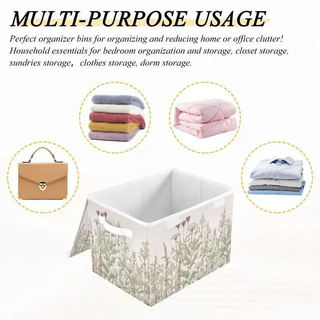 Alt view image 6 of 7 - Vintage Colorful Herbs and Wild Flowers Floral Storage Bins with Lids and Carrying Handle,Foldable Storage Boxes Organizer Containers Baskets Cube with Cover for Home Bedroom Closet Office
