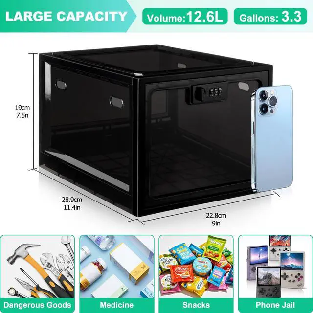Alt view image 3 of 7 - Medication Lock Box with Code, 12.6L Large Lockable Storage Box for Medicine, Snacks, Phone, and Electronics - BPA-Free, Clear Design with Charger Holes for Home, Office, Dorm, and Fridge