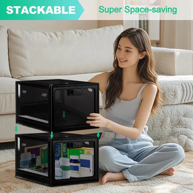 Alt view image 4 of 7 - Medication Lock Box with Code, 12.6L Large Lockable Storage Box for Medicine, Snacks, Phone, and Electronics - BPA-Free, Clear Design with Charger Holes for Home, Office, Dorm, and Fridge