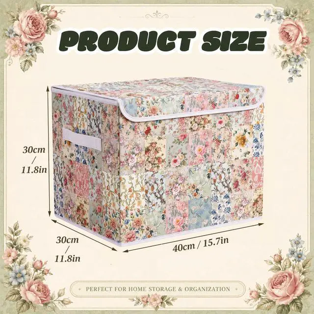 Alt view image 2 of 7 - Vintage Floral Storage Bin with Lid and Carrying Handle Retro Flower Foldable Storage Box Large Farmhouse Decorative Collapsible Container Basket for Organizing Closet Home Bedroom Gift