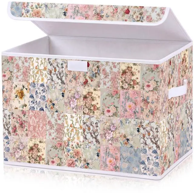 Main image of Vintage Floral Storage Bin with Lid and Carrying Handle Retro Flower Foldable Storage Box Large Farmhouse Decorative Collapsible Container Basket for Organizing Closet Home Bedroom Gift