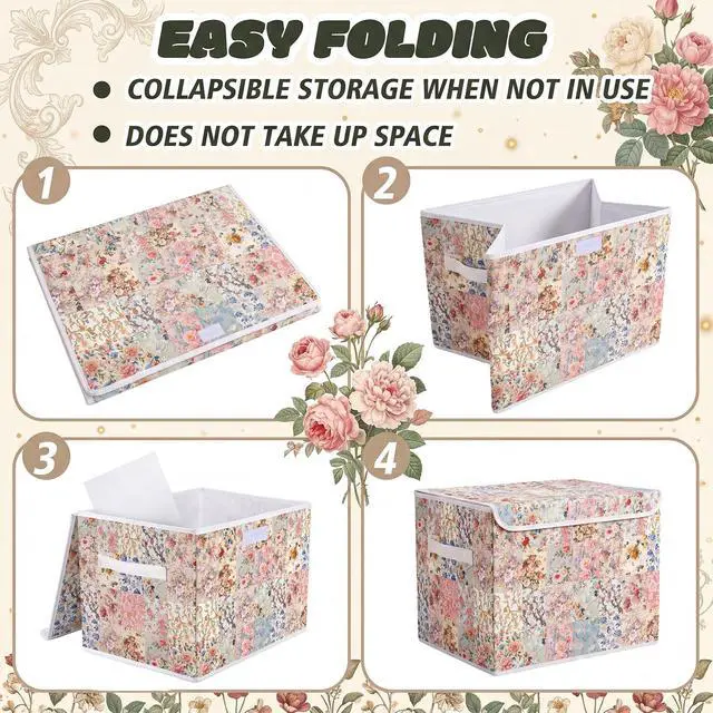 Alt view image 3 of 7 - Vintage Floral Storage Bin with Lid and Carrying Handle Retro Flower Foldable Storage Box Large Farmhouse Decorative Collapsible Container Basket for Organizing Closet Home Bedroom Gift