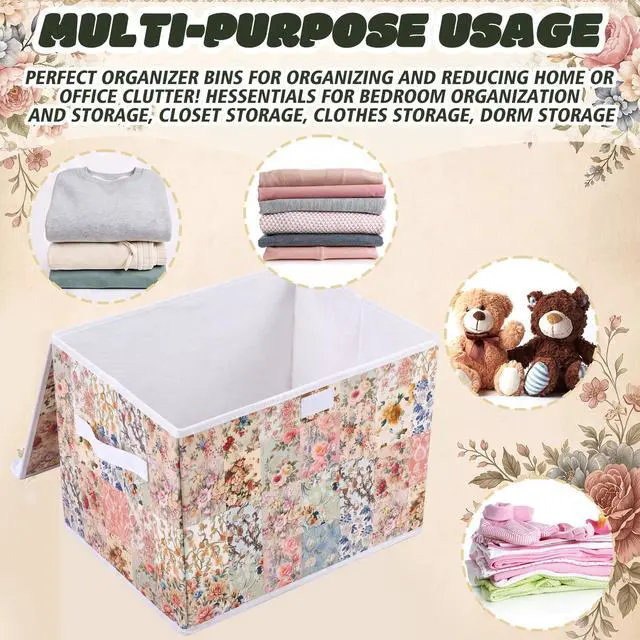 Alt view image 4 of 7 - Vintage Floral Storage Bin with Lid and Carrying Handle Retro Flower Foldable Storage Box Large Farmhouse Decorative Collapsible Container Basket for Organizing Closet Home Bedroom Gift