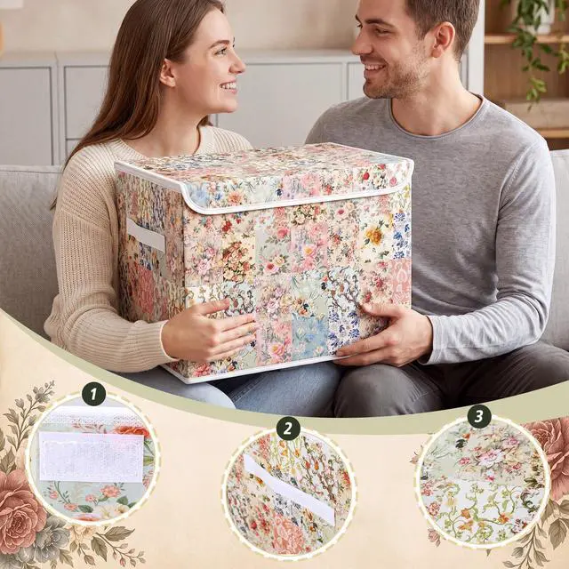 Alt view image 5 of 7 - Vintage Floral Storage Bin with Lid and Carrying Handle Retro Flower Foldable Storage Box Large Farmhouse Decorative Collapsible Container Basket for Organizing Closet Home Bedroom Gift