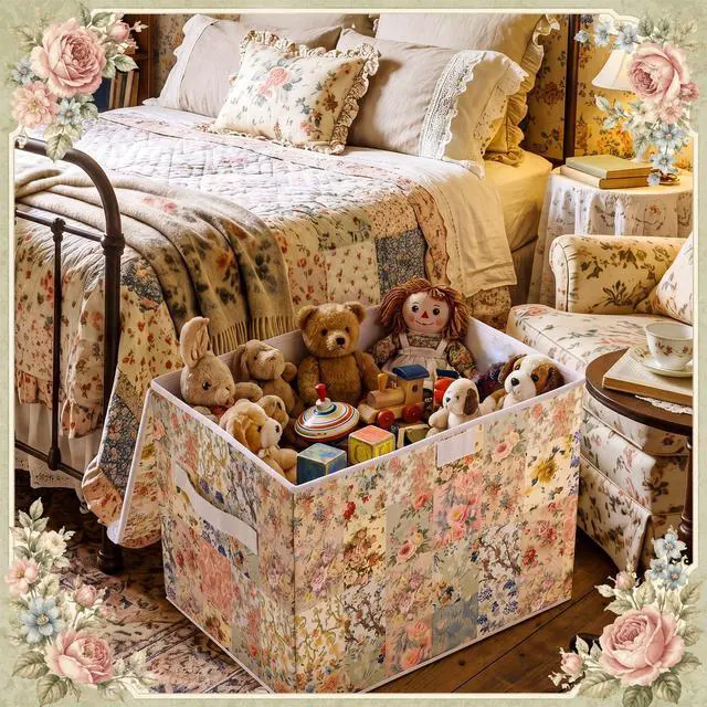 Alt view image 6 of 7 - Vintage Floral Storage Bin with Lid and Carrying Handle Retro Flower Foldable Storage Box Large Farmhouse Decorative Collapsible Container Basket for Organizing Closet Home Bedroom Gift